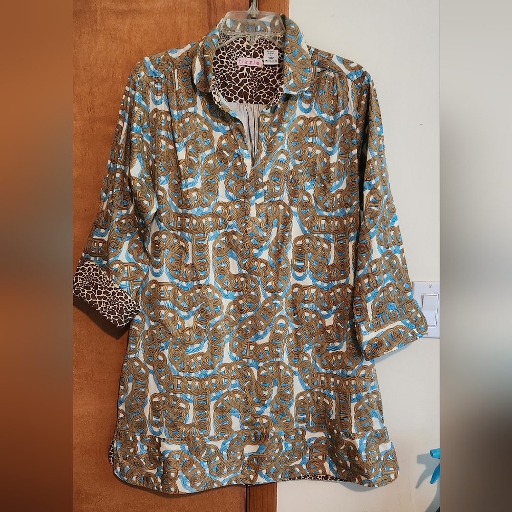 Tizzie Blue And Brown Geometric With Animal Patterned Tunic